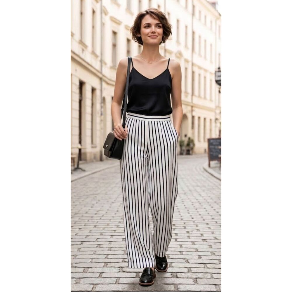 New Vince Camuto Windswept Wonder Wide Leg Stripe Pull On Pant Womens Size Large